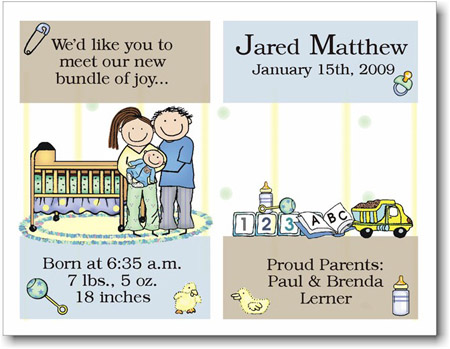 Pen At Hand Stick Figures Birth Announcements - PJ Parents - Boy